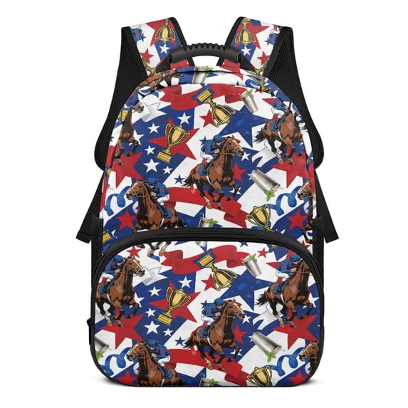 POLERO Lightweight Bookbag for School Travel, Polyester Waterproof School Backpack, Horse Racing Pattern