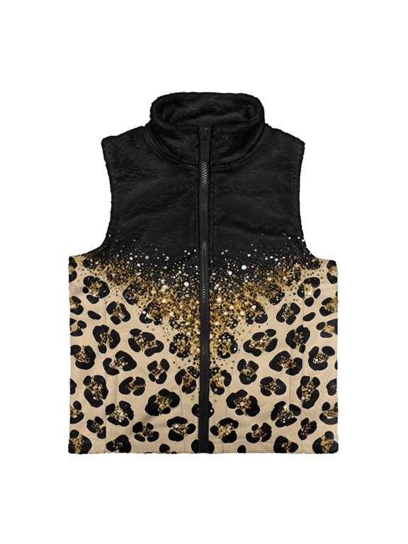 Lightweight Girls Sleeveless Vest for Winter Daily, Leopard Print Polyester with Pockets Kid Outerwear Vest