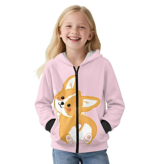 POLERO Little & Big Girls Zip Up Hoodie Cute Corgi Dog Print Long Hoodies Jacket for Girl, Kids Full Zipper Hooded Fashion Sweatshirt, Size S