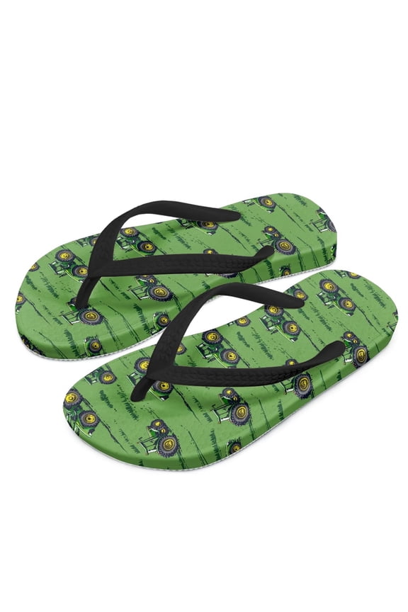 Little Kid Cartoon Tractor Grass Print Flip Flop, Arch Support, Non Slip Outsole, Water Friendly Size 12