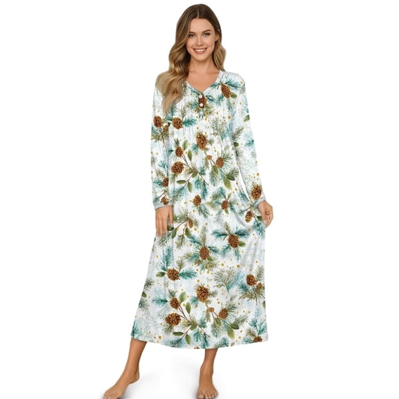 POLERO Long Nightgown Button Down Pinecone Print Women's Long Sleeve Sleepwear Full Length House Dress Soft Comfy Night Dress for Ladies, 4XL