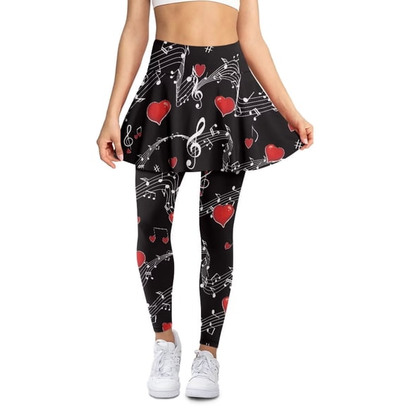 POLERO Love Music Notes Black Yoga Pants with Skirts Skirted Legging for Women High Waist Lounge Trousers Tummy Control Tennis Yoga Pleated Skirt with Gym Workout Office Leggings