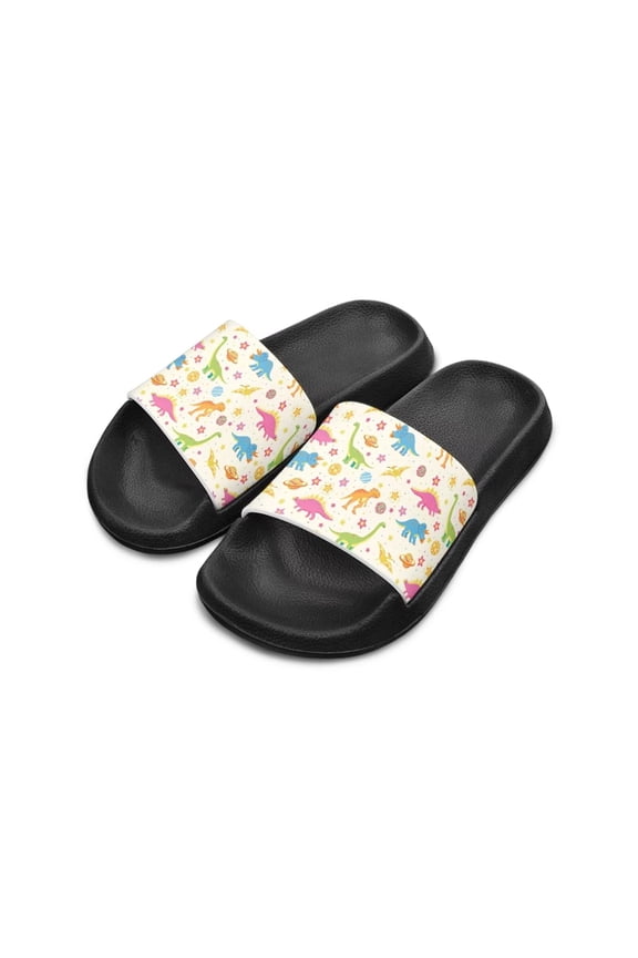 Low Heel Colorful Dinosaurs Stars Slide Sandals Quick-Drying Thick Sole Beach Sandals, White