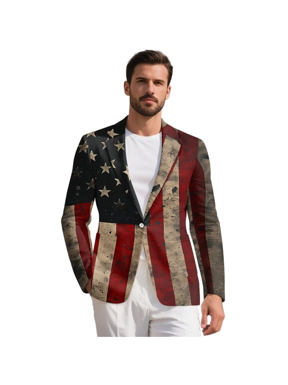 Men Patriotic Blazers Vintage American Flag Print Suit Jacket Lightweight Open Front Long Sleeves USA Sport Coat Independence Day Party Outfits