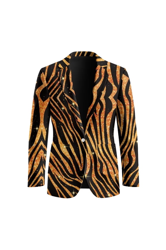 Men's Blazer Jackets Suit Zebra-Gold Print Open Front Business Jackets with Two Pockets Slim Fit One Button Blazers,S
