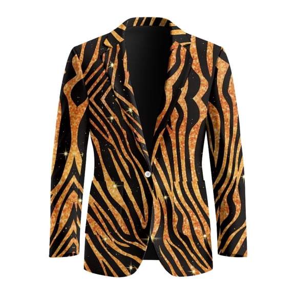 POLERO Men's Blazer Jackets Suit Zebra-Gold Print Open Front Business Jackets with Two Pockets Slim Fit One Button Blazers,S