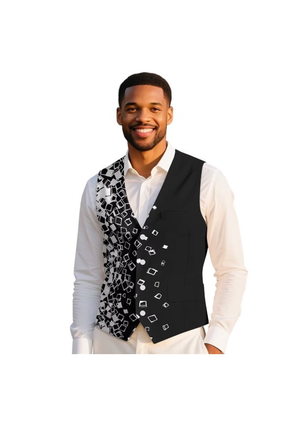 Men's Geometry Print Formal Suit Vest Slim Fit Vests 3 Pockets Fashion Soft for Men V Neck Black White Waistcoat Business Wedding Casual L