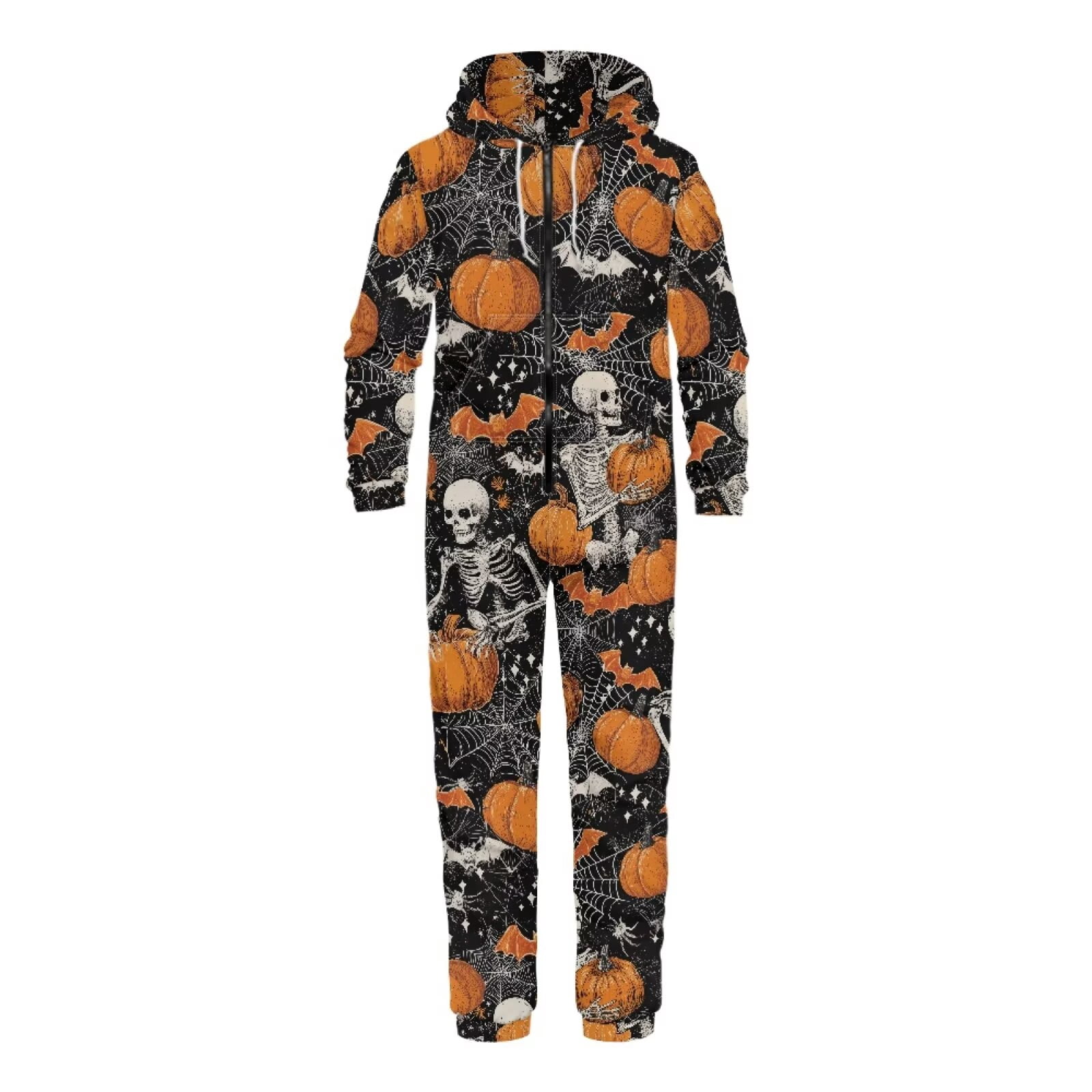 POLERO Men's Novelty One-Piece Pajamas Skull&Pumpkin Pattern Onesie Halloween Costumes Loose Fit Soft Comfortable Sleepsuit for Pajamas Party, Size M