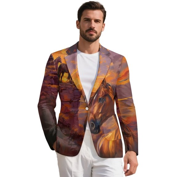 POLERO Men's One Button Horse Blazer Jackets Suit Slim Fit Derby Blazers Regular Fit for Men Notched Lapel Long Sleeve Tuxedo Jacket