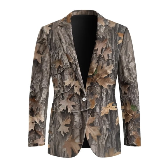 POLERO Men's Open Front Suit Breathable Business Daily One Button Blazer with 2 Side Pockets Regular Fit Sports Suit Jacket Camo Hunting Forest Leaf,S