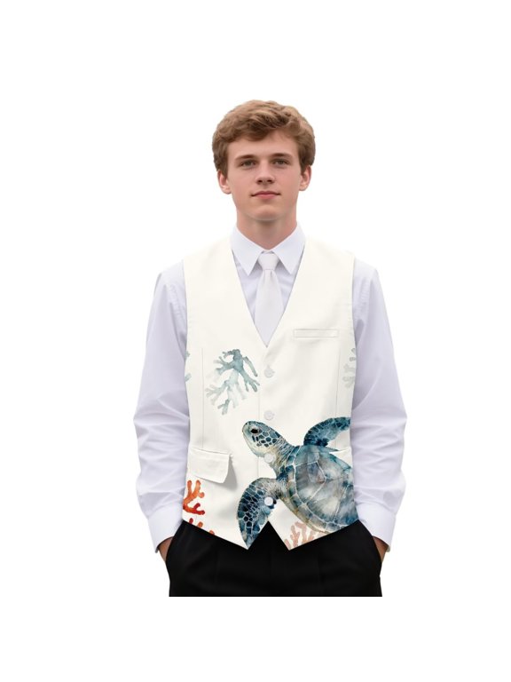 Men's Sea Turtle Print Suit Vests Casual Formal Dress Vest Business Slim Fit Waistcoat Vest with 3 Pockets for Suits Tuxedo Soft Lightweight 4XL
