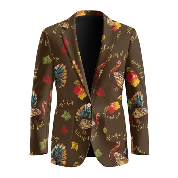 POLERO Men's Thanksgiving Suit Jacket Turkey Pumpkin Print One Button Dress Suit Dinner Sports Coats Tuxedo Blazer for Festival Party Dinner