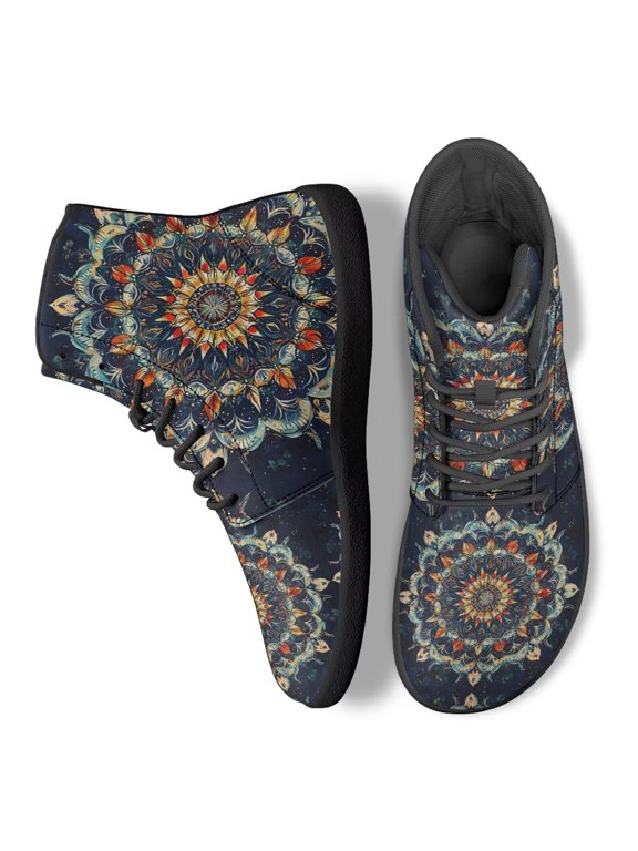 Men's Women's Blue Bohemian Mandala Floral Walking Shoes Casual Wide Toe Box Boots High Top Athletic Running Barefoot Sneaker Business Work Shoes for Outdoor Travel Hiking