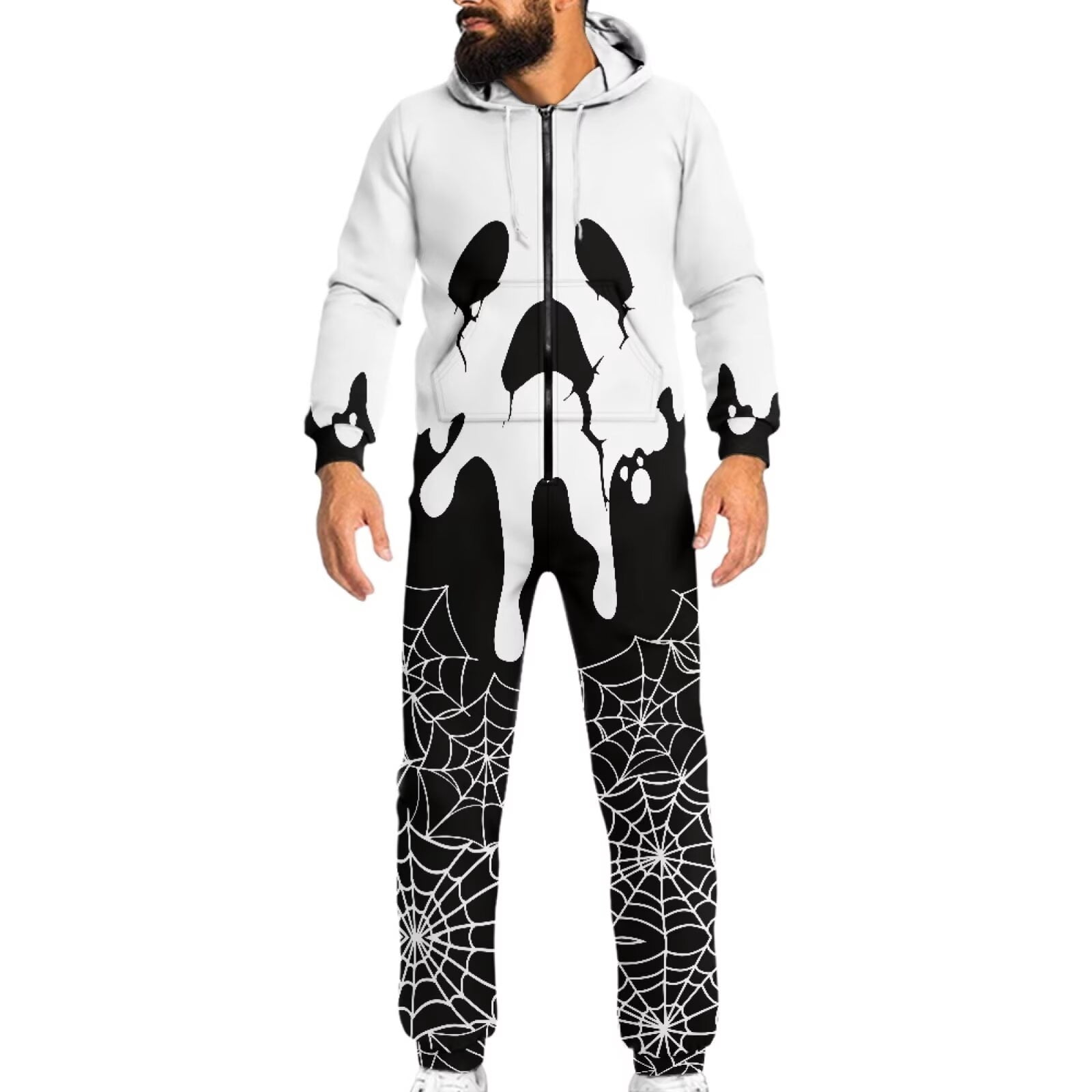 POLERO Mens Jumpsuit Halloween Face Print Pajama Unisex One Piece Playsuit Adult Onesie With Hood, Size S