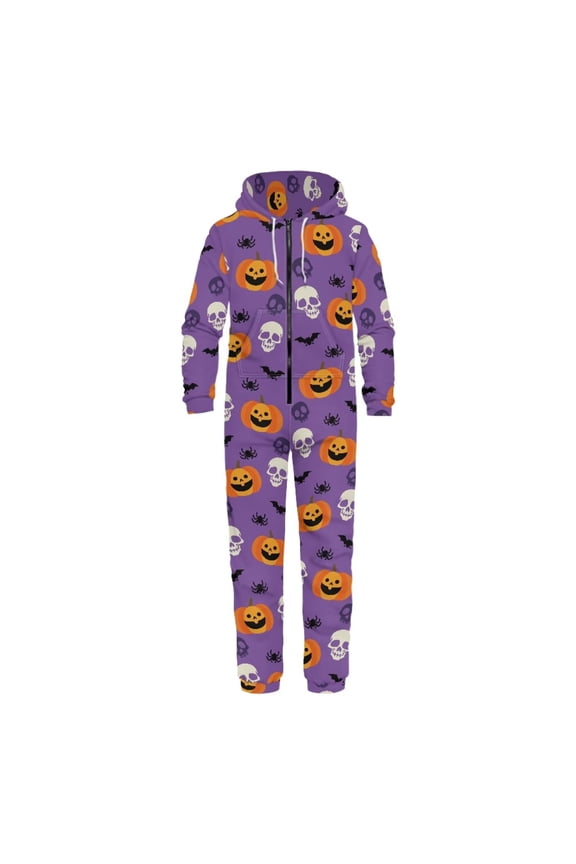 Mens Jumpsuit Halloween Pumpkin Skull Print Pajama Unisex One Piece Playsuit Adult Onesie With Hood, Size M