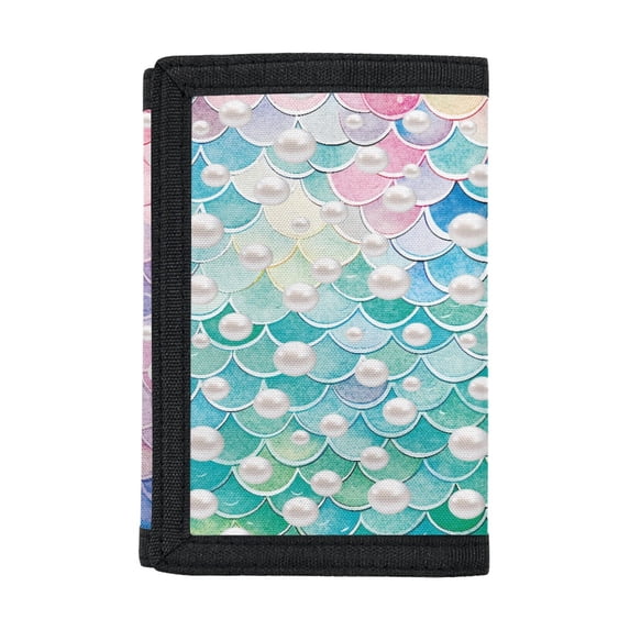 POLERO Mermaid Scale with Pearl Print Trifold Card Wallet for School, Polyester Toddlers Wallets with Foldable Easy to Clean Children's Wallet