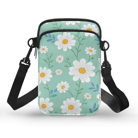 POLERO Mint Green Daisy Pattern Small Crossbody Cellphone Bags, Adjustable Shoulder Strap Mini Cute Crossbody Bag Leakproof Cell Phone Purse for Daily Use Shop