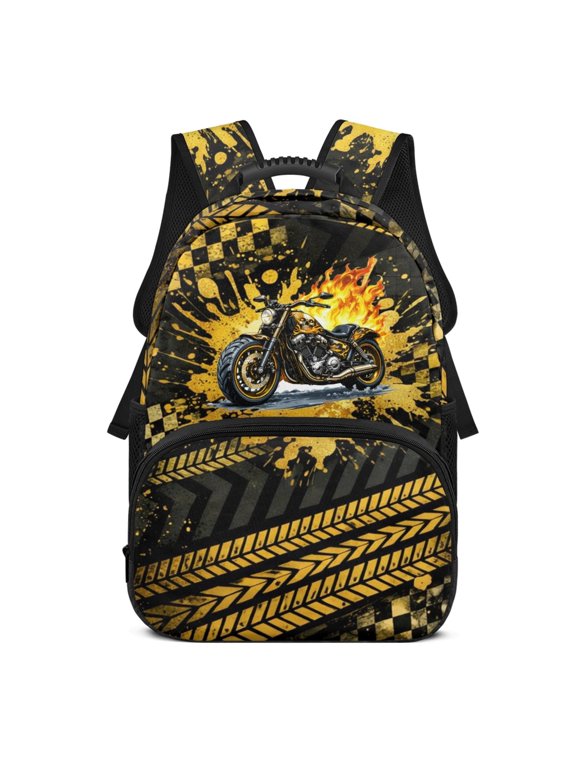 Motorcycle Pattern17 Inch Backpack for Girls, Polyester Fabric Adjustable Shoulder Strap Side Mesh Pockets Bookbag for Daypack