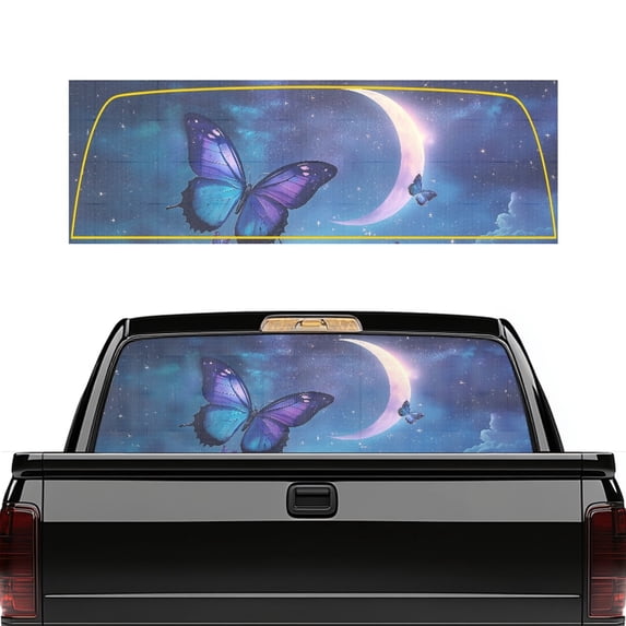 POLERO Mystical Butterfly & Crescent Moon Night Sky Print Rear Window Decal, Waterproof Vinyl, High Temperature Resistant Full Windows Coverage Truck Rear Window Decal Weatherproof