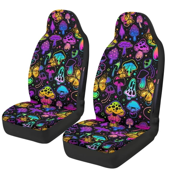 POLERO Neon Mushroom Butterfly Print Car Front Seat Covers for Auto, Easy to Install Automotive Seat Protectors Premium Polyester Front Seat Cover Set