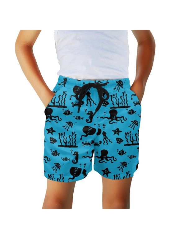 Octopus Starfish Pattern Quick Dry Boys Swim Shorts for Beach Side Pockets, Quick Drying Breathable Board Shorts Non Stretch Kids Board Shorts