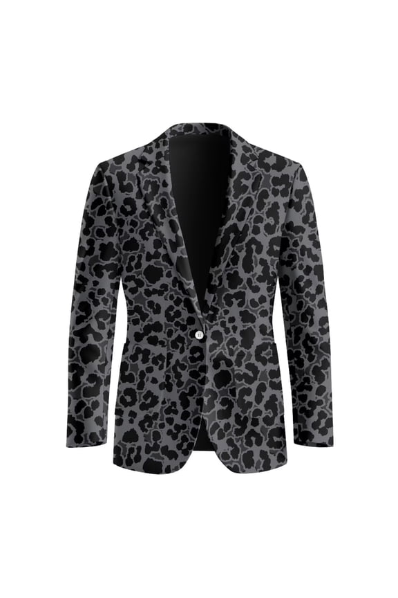 One Button Suit for Men Grey Leopard Print Lightweight Slim Fit Sport Coats with Pockets Notched Lapel Open Front Jacket,S