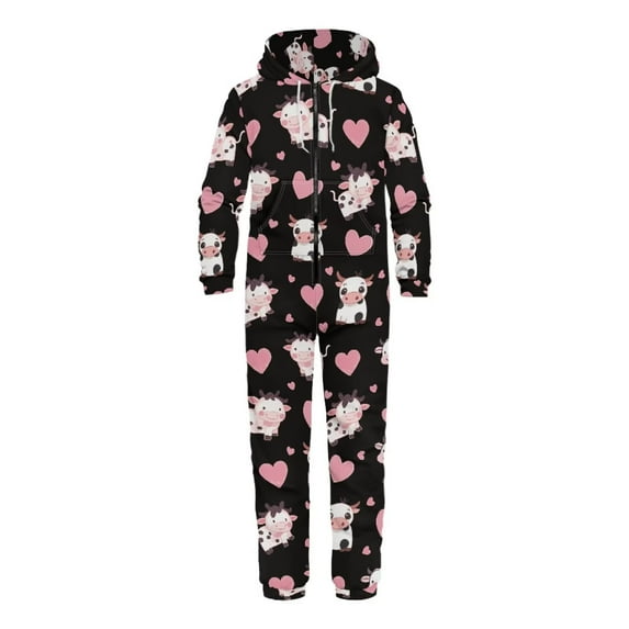 POLERO Onesie Pajamas for Men Plus Size Drawstring Womens Novelty One-Piece Pajamas with Pocket Casual Loose Fit Sleepwear Playsuit Cartoon Cow Print, Size 4XL