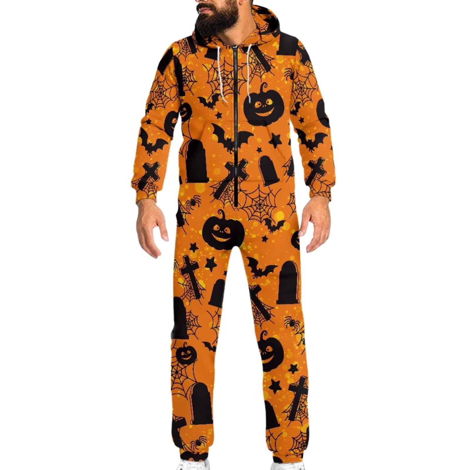 POLERO Onesie Pajamas for Men Plus Size Drawstring Womens Novelty One-Piece Pajamas with Pocket Casual Loose Fit Sleepwear Playsuit Halloween Pumpkin Tombstone Print, Size L