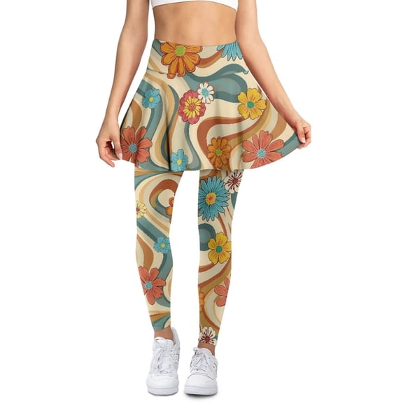 POLERO Orange Blue Flower Swirls Yoga Tennis Skirt Pleated Skirted Athletic Gym Tennis Legging for Women Butt Lifting Yoga Skirts Workout Pants Fall Winter Sports Leggings with Pockets