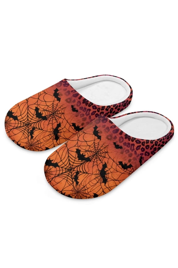 Orange Spider Web Bats Leopard Print Closed Toe House Slippers for Woman Men Soft Cotton Indoor Shoes Memory Foam Slip On Bedroom Slippers, Size 7.5-8.5