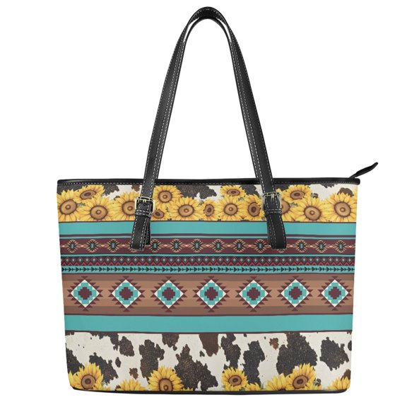 POLERO PU Leather Handbag with Zippered Large Capacity Satchel Purse for Daily Use, Cow Print Sunflower Women's Saddle Bag