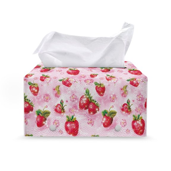 POLERO PU Leather Rectangle Tissue Box Cover, with Buckle Bottom Buckle Tissue Box Cover Rectangle for Office Desk Bedroom, Watercolor Strawberry Print