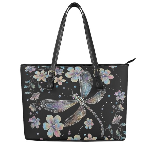 POLERO PU Leather Saddle Handbag with Practicality Large Capacity Tote Bag for Shopping, Dragonfly and Floral Pattern Top Handle Tote Bag