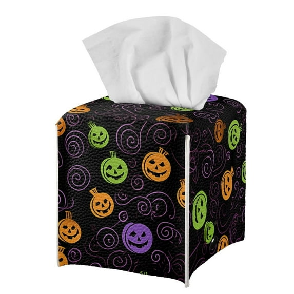 POLERO PU Leather Square Tissue Box Cover - Pumpkin Tissue Cube Box Holder with Metal Button Bottom, Halloween Decorative Organizer for Vanity Toilet Night Stand Table Office Car