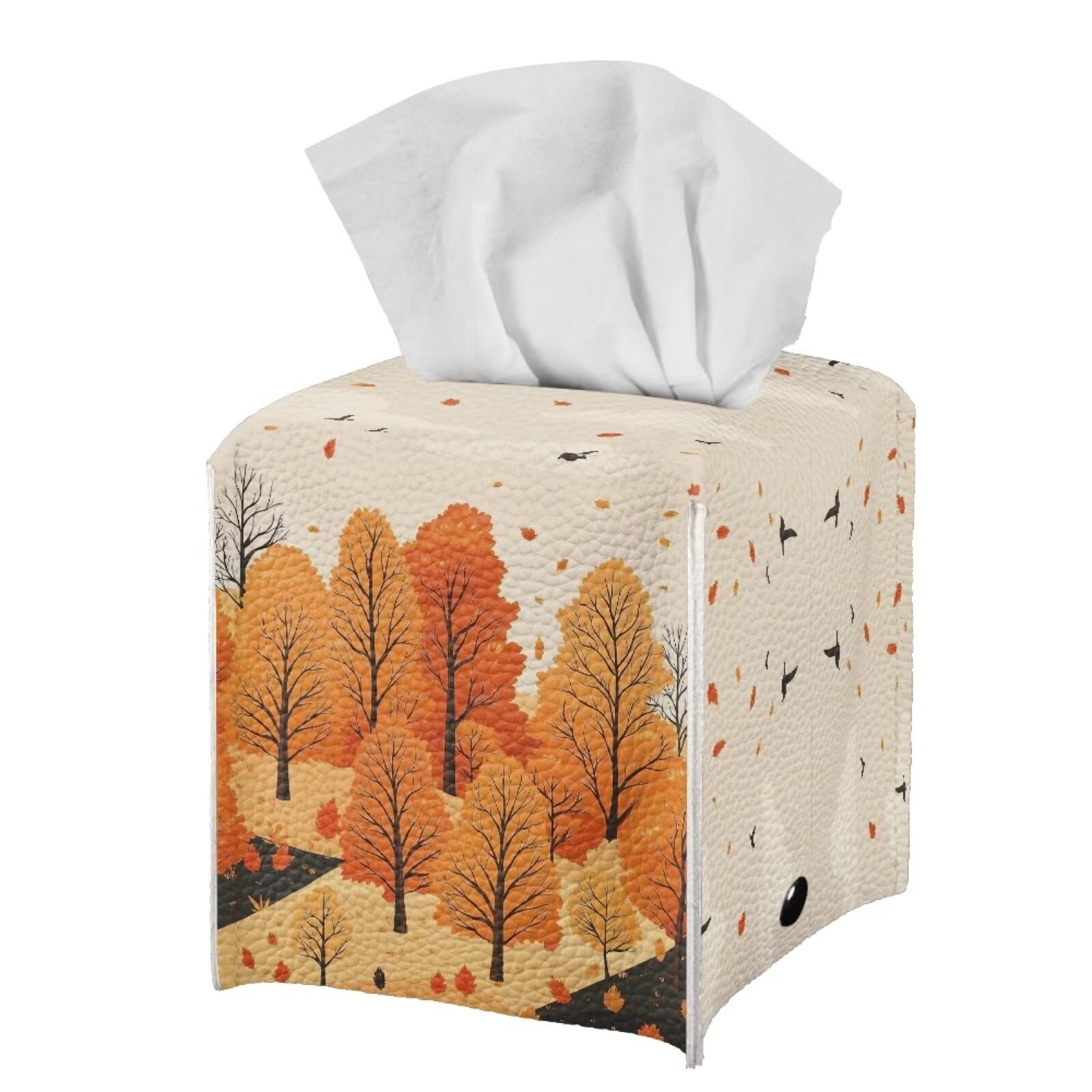 POLERO PU Leather Tissue Box Cover Square with Bottom Belt, Fall Forest ...