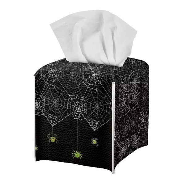 POLERO PU Leather Tissue Box Cover Square - Spider Web Tissue Cube Box Holder with Bottom Belt, Halloween Decorative Organizer for Vanity Toilet Night Stand Table Office Car