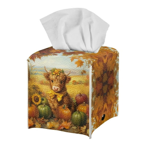 POLERO PU Leather Waterproof Tissue Box Holder, Square Napkin Facial Tissues Boxes Dispenser, Cute Cow Pumpkins Home Office Car Tissue Holder Decorative Container