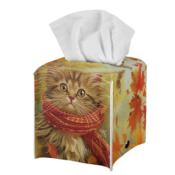 POLERO PU Leather Waterproof Tissue Box Holder, Square Napkin Facial Tissues Boxes Dispenser, Cute Kitty Leaves Print Home Office Car Tissue Holder Decorative Container