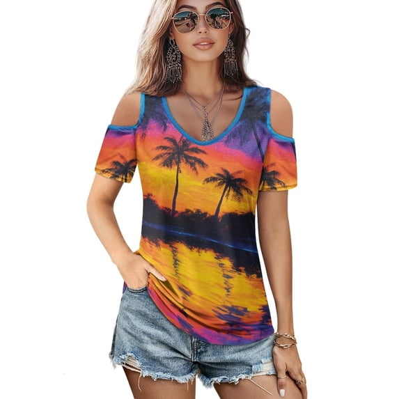 POLERO Palm Tree Sunset Print Womens Summer Cold Shoulder Tops Short Sleeve V Neck T Shirts Sexy Casual Cut Out Design Soft Lightweight Vacation Beach Tunic S