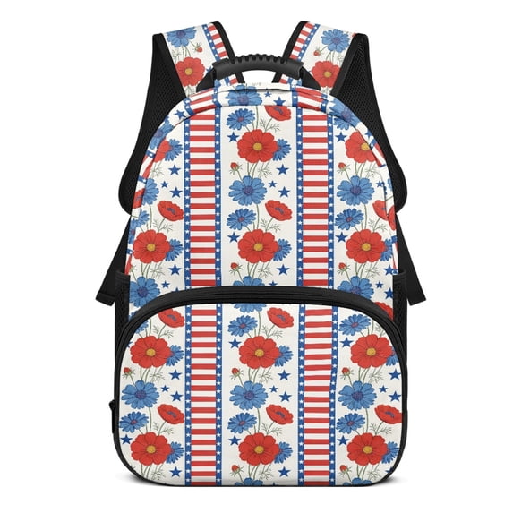 POLERO Patriotic Floral & Stars Stripes Pattern 17 Inch Backpack for Girls, Polyester Durable Large Capacity School Backpack for Travel