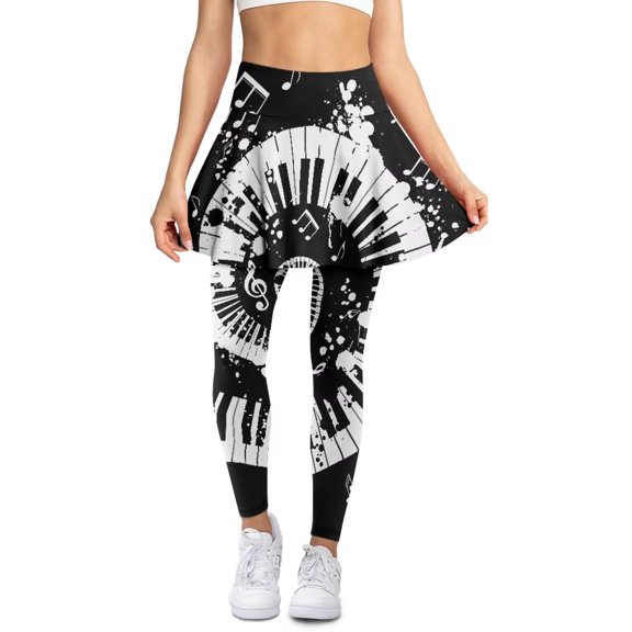 POLERO Piano Music Note Splash Black Skirted Yoga Leggings Tennis Pants with Skirt Full Length Running Leggings for Women High Waist Athletic Pants Stretch Gym Office Sport Trousers