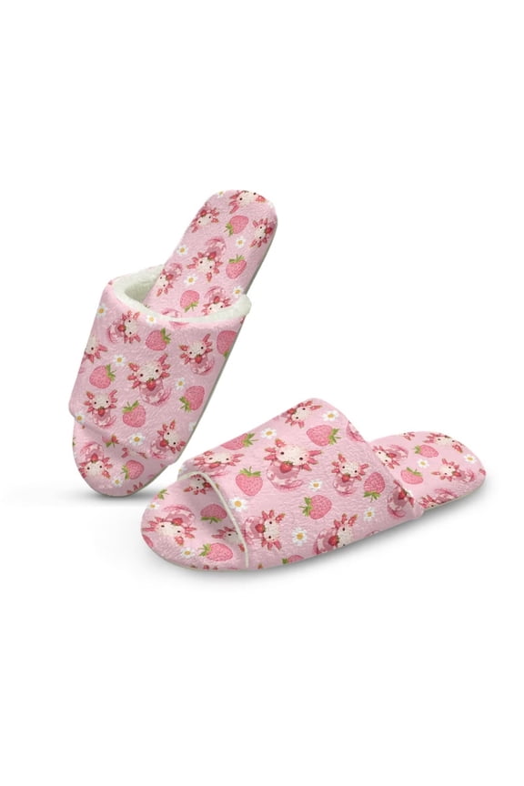 Pink Axolotl Strawberry Print Womens House Slippers Open Toe Indoor Slippers Soft Lightweight Sole Home Kitchen Shoes, Size 7.5-8.5