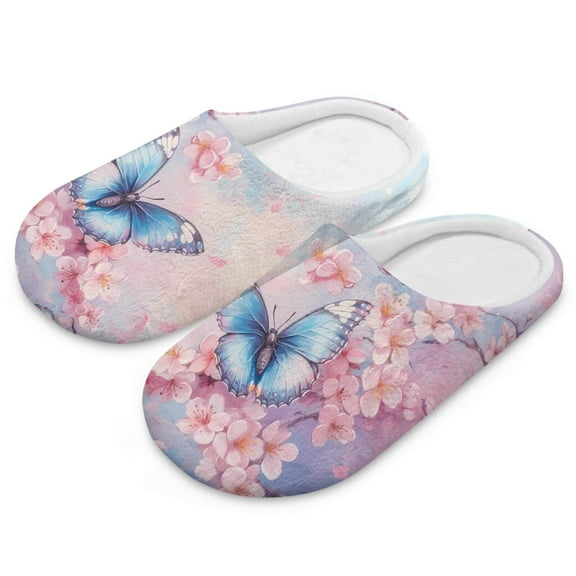 POLERO Pink Flower Butterfly Print Indoor House Slipper for Woman Closed Toe Slide Lightweight Material Bedroom Shoes for Winter, Size 10.5-11.5