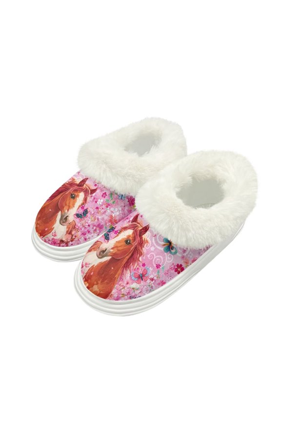 Pink Horse Floral Print House Slippers for Woman Fluffy Plush Indoor Slippers for Women Slip On Bedroom Shoes with Fleece Lined, Size 7-8