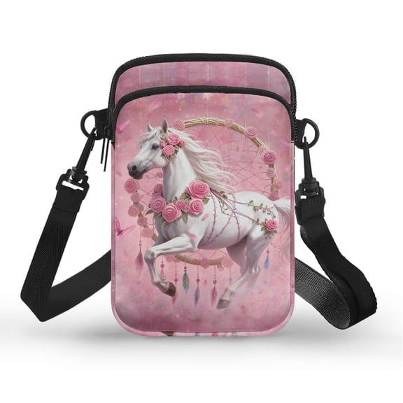 POLERO Pink Horse Rose Print Multipurpose Crossbody Bag for Yoga Outdoor, Adjustable Shoulder Strap 2 Layer Cell Phone Purse