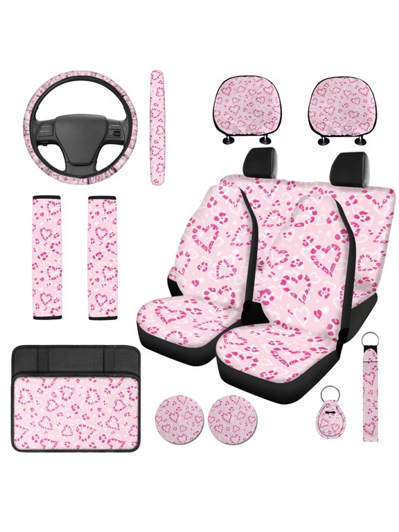 Pink Leopard Hearts Print Car Seat Cover Set, with Car Armrest Box Pad Car Headrest Covers, Long Lasting Suitable for Vans Cars
