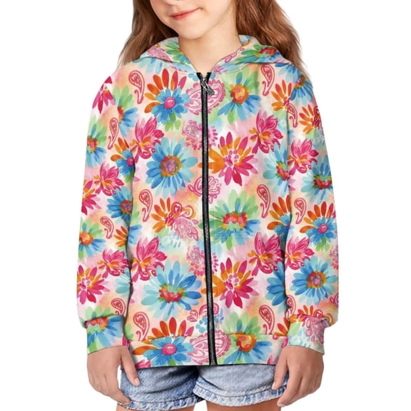 POLERO Pink Watercolor Floral Print Hoodies for Girls Casual Soft Cute Zip Up Hoodie with Pockets Hooded Sweatshirts Kids Warm Jackets Winter Coat 14-16 Years