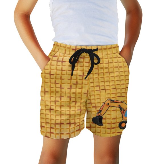 POLERO Pixel Yellow Excavator Pattern Boys Beach Shorts, Quick Dry Board Shorts Bed Sheet Elastic Waist Kids Swim Trunks for Seaside Vacation