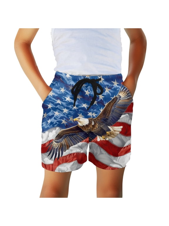 Pockets Bed Sheet Board Shorts for Summer Beach, Elastic Waist Quick Dry Boys Swim Trunks, Eagle American Flag