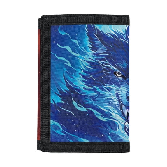 POLERO Polyester Children's Wallet with Portable Slim Kids Trifold Wallet for Sports, Blue Flame Wolf Art Trifold Card Wallet